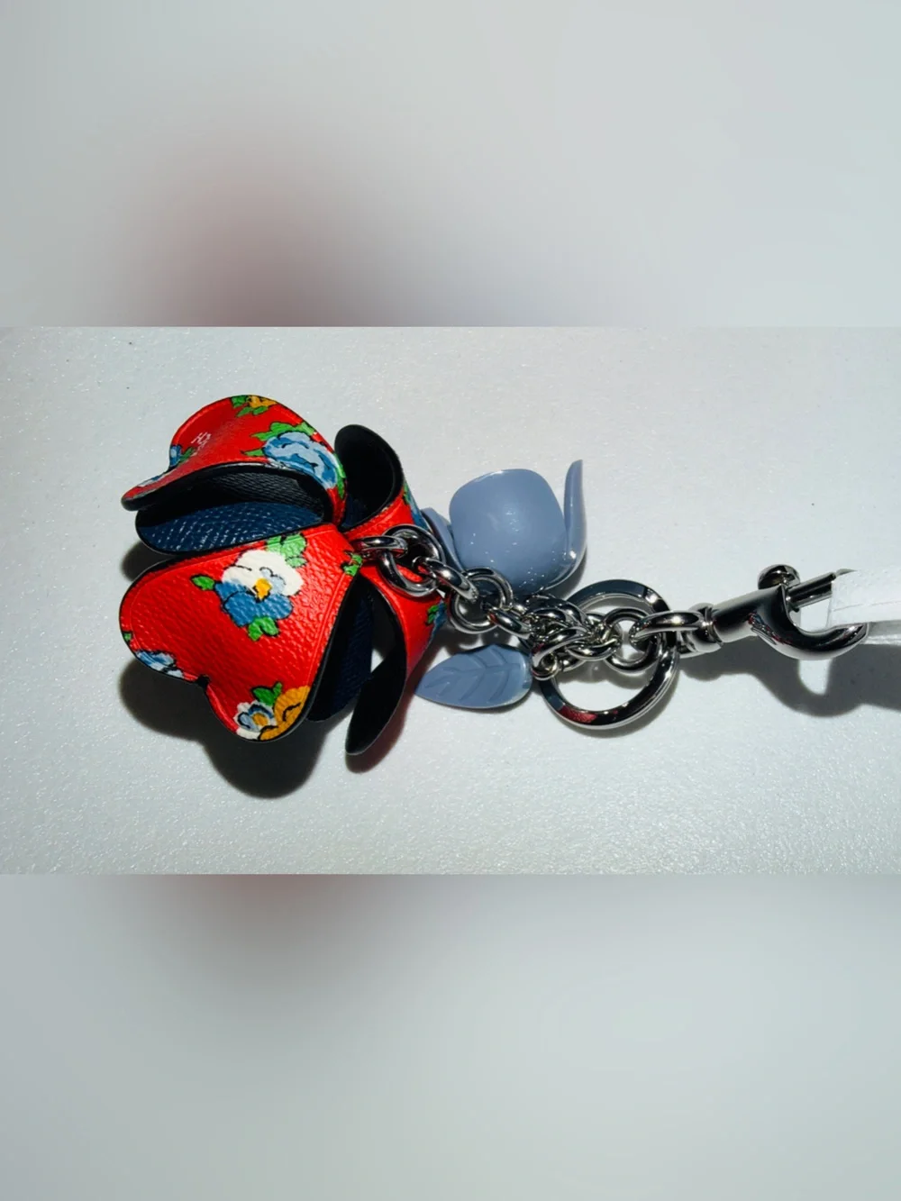 Coach Red Floral Leather Flower Key Charm with Blue Accents